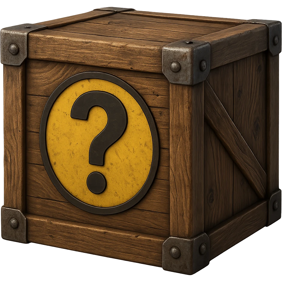 Realistic wooden crate with pronounced wood grain, metal reinforced corners, and a large central question mark. No background. Variant 2. emoji