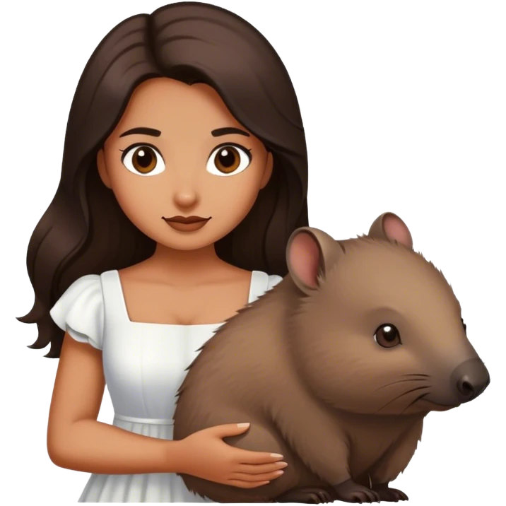 Beautiful woman in 1950’s woman fashion look, white dress, long dark brown hair, wombat emoji