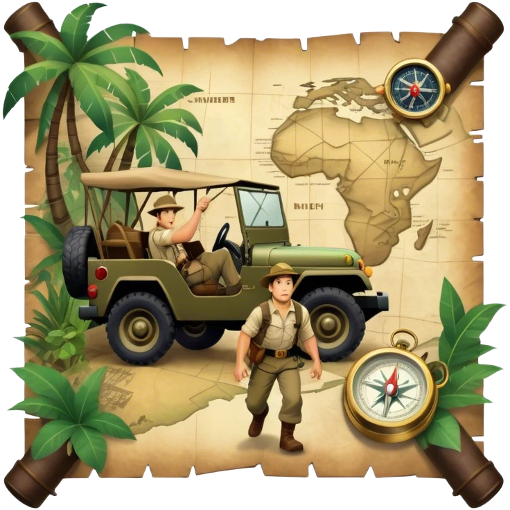 A vintage movie poster-style collage. Include action-packed elements like a treasure map, jungle scenes, a rugged explorer with a compass and a speeding jeep. Add a shadowy figure resembling close-up Mark Wahlberg in adventurous gear. Dramatic lighting, dynamic composition. Transparent background. emoji