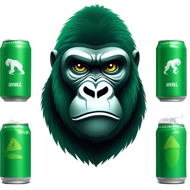 Create an emoji of a gorilla’s face with a determined and fierce expression. Use different shades of green for the entire design, matching the green color palette of the energy drink can. The design should be bold and eye-catching emoji