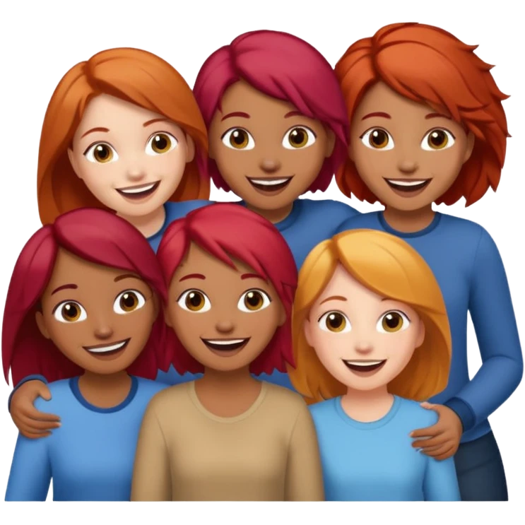 4 inclusive friends (3 girls and 1 man) laughing : 1 man must be brown, 1 girl have to have red hair, an other one must have blond hair and the last one is brown and have brown hair emoji