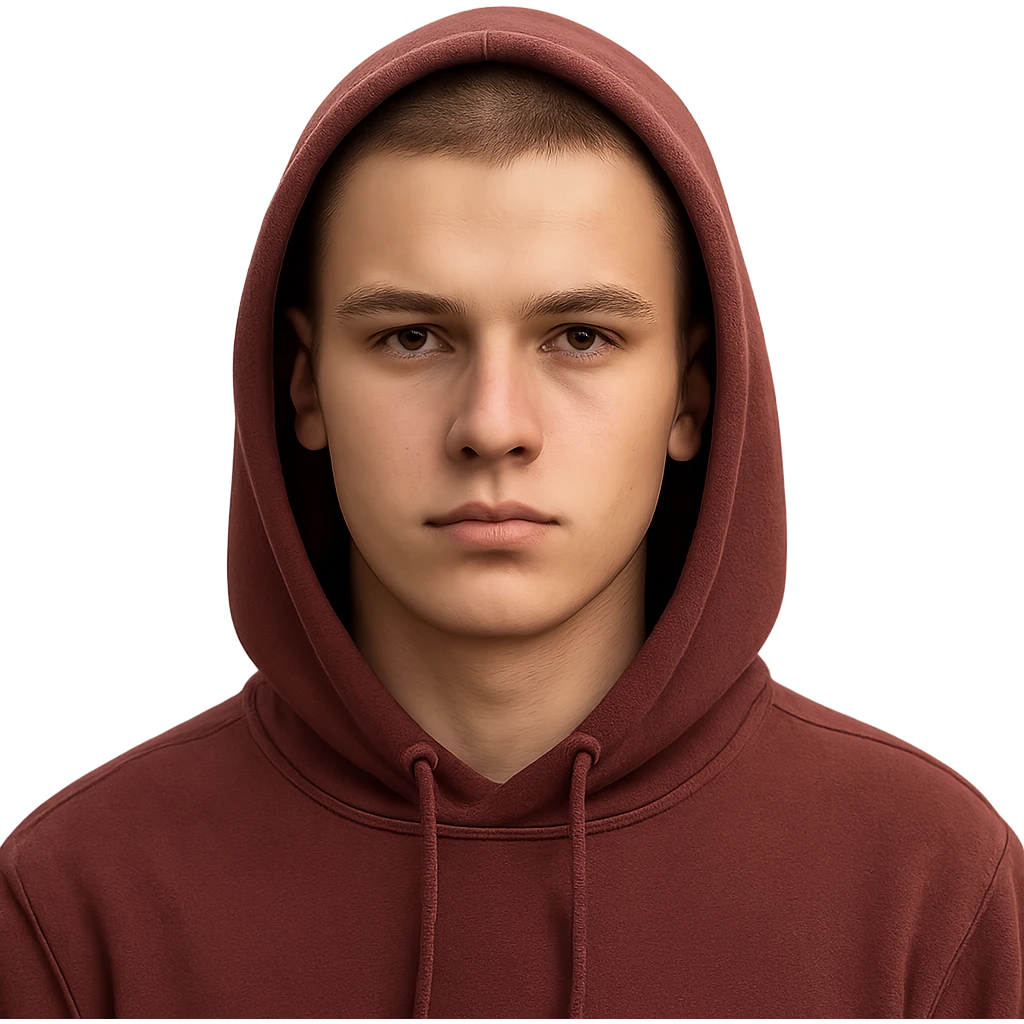 European male youth wearing maroon hoodie with hood up, short brown buzzcut, smooth skin, oval face, strong jawline, high cheekbones, sharp focused eyes, straight eyebrows, calm neutral look emoji