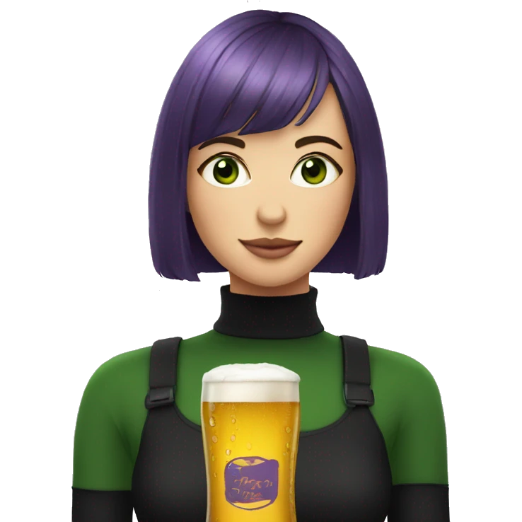 a girl with green eyes, in a black turtleneck, a dark purple bob with bangs, holds a beer emoji