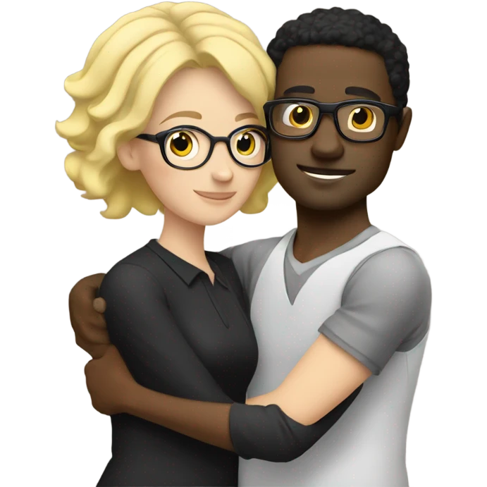Blonde woman hugging black man with black hair wearing glasses emoji