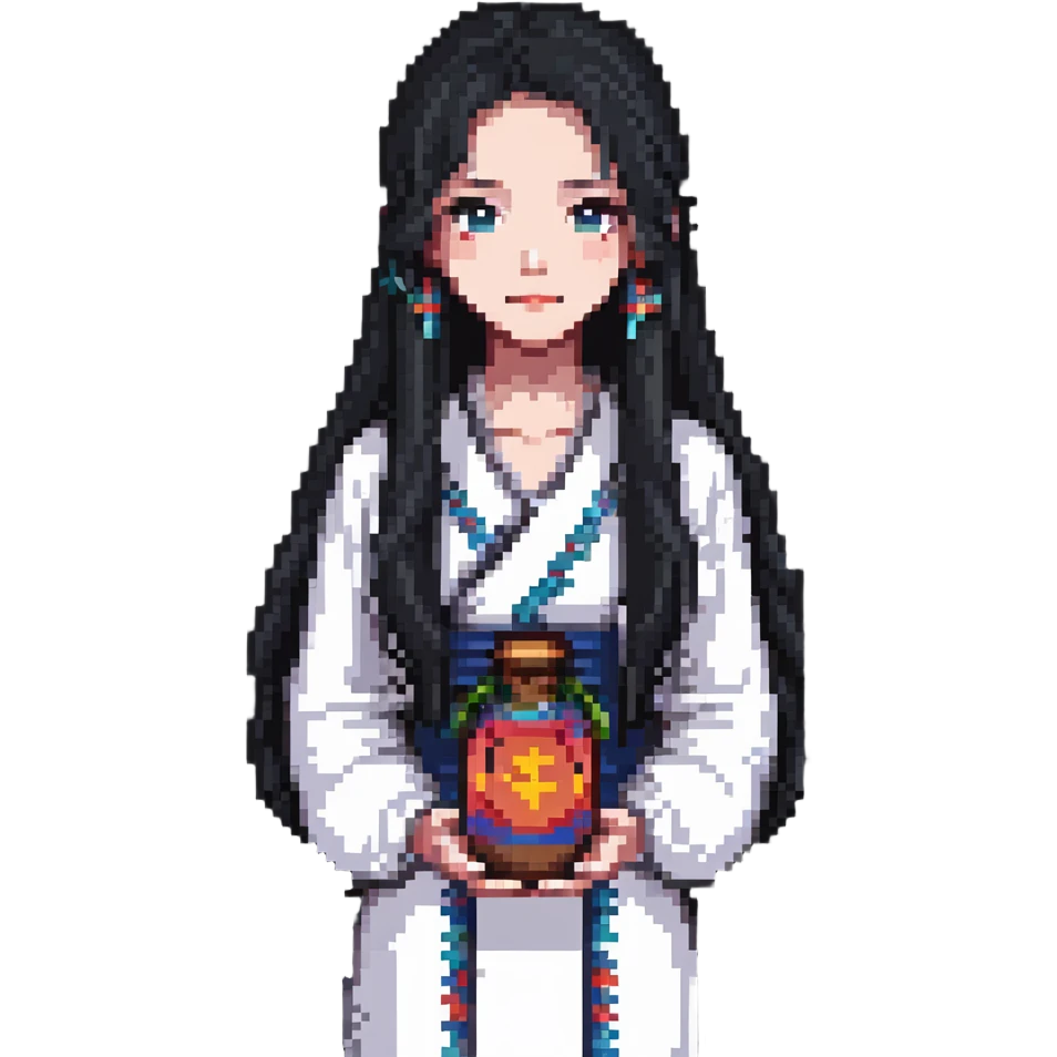 Beautiful girl with long black hair holding a jianghuangsed emoji