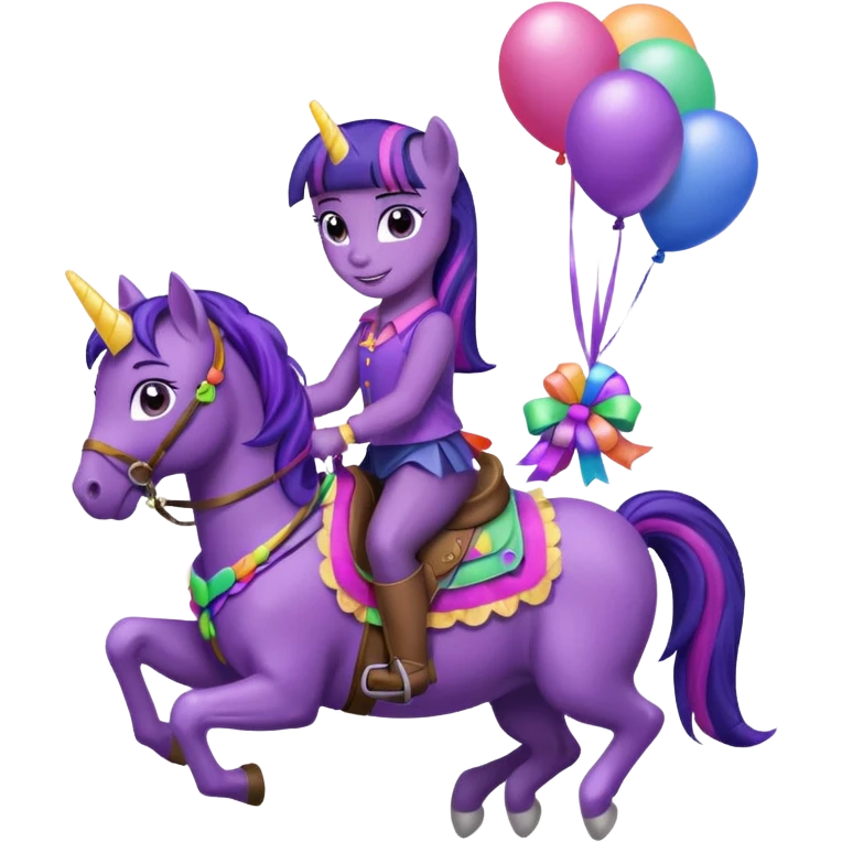 twillight sparkle mlp holding colorful balloons tied to its saddle, looking cheerful. emoji