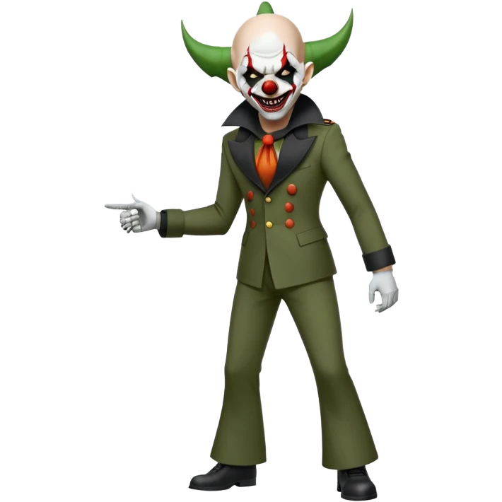 evil clown, bald, short black devil horns on forehead, fangs, pointed ears, black and military green leisure suit with bellbottom pants, realistically proportioned, less bulky, full body, battle-ready, fighting posture emoji
