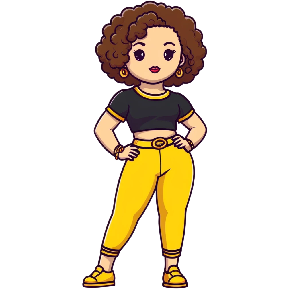 Full body teenage girl with curly brown hair, heavy makeup, big lips, crop top, gold jewelry and flashy choni style outfit emoji