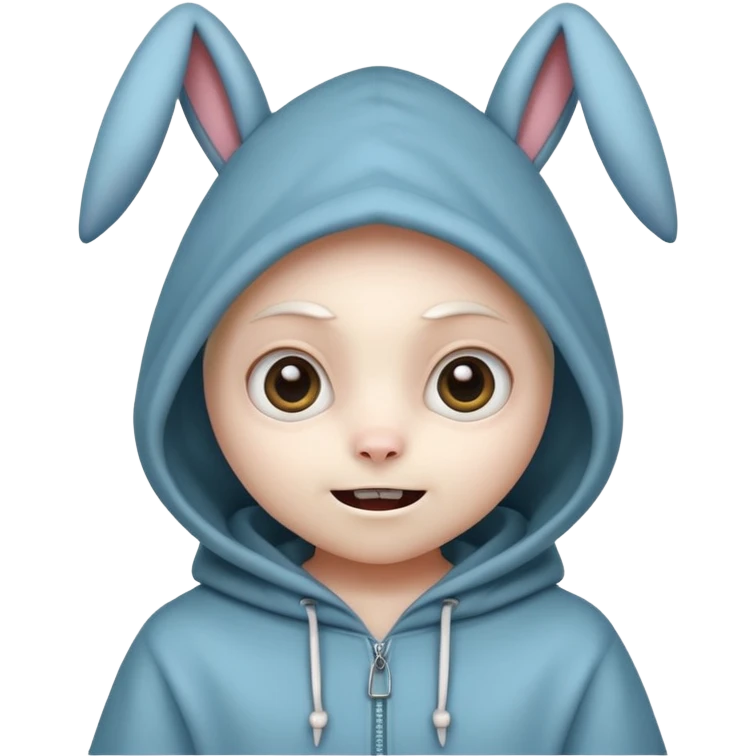 character with round face, large eyes, triangular teeth, wearing a hood with rabbit-like ears, playful monster emoji