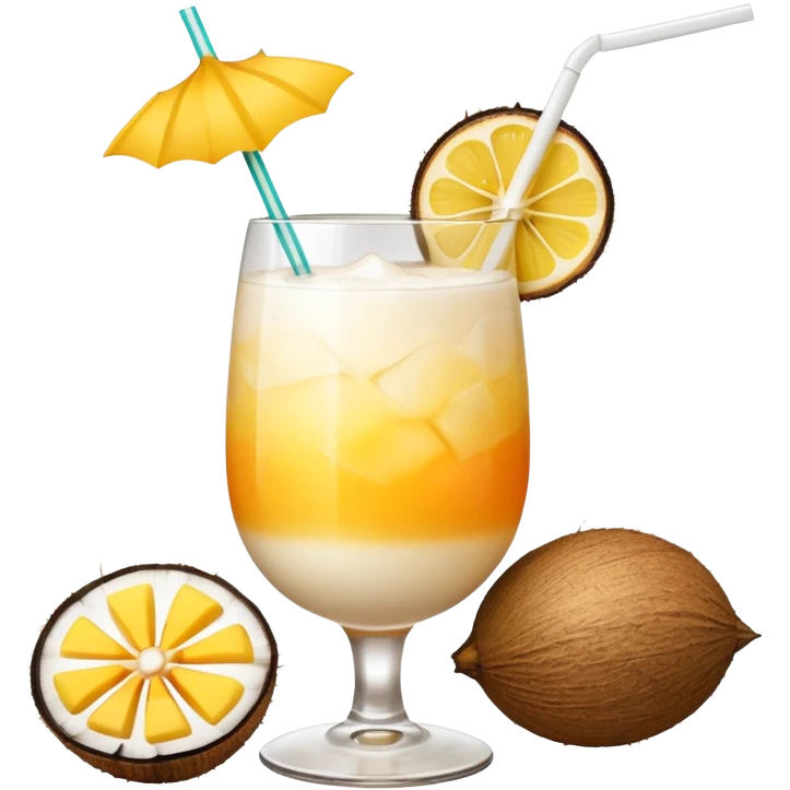 A beautiful cocktail with a creamy white to orange gradient, containing coconut juice and mango, reminiscent of summer. Above, there are tropical flowers, lemon slices, and straws. emoji