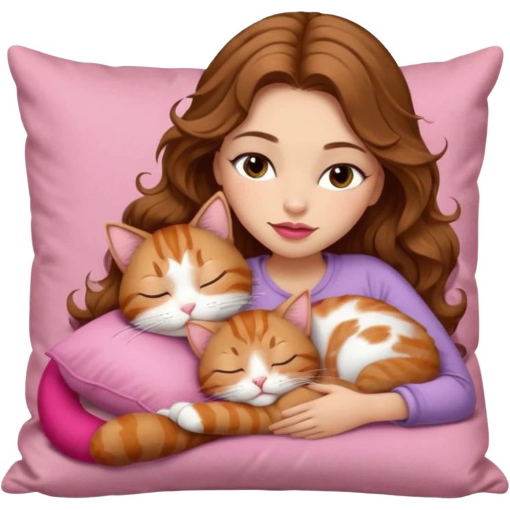 girl with long wavy brown hair, brown eyes, long lashes makeup, sexy pink lips, light to medium complexion,  sleeping on a cozy pillow, with 6 cats: 1 brown tabby cat, 1 ginger and white cat, 2 grey and white cats, 1 grey with white mittens and small white patch on chest cat and 1 calico cat emoji