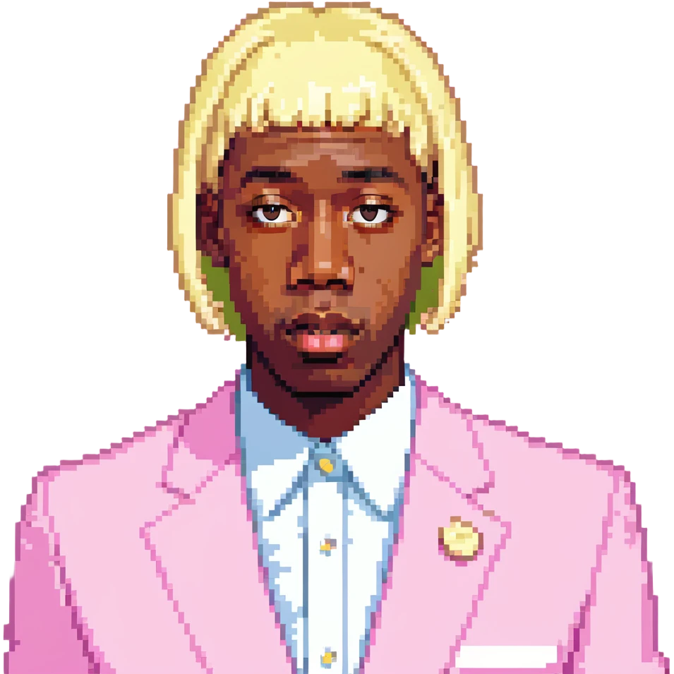 Tyler the Creator in pink IGOR suit with blonde wig emoji