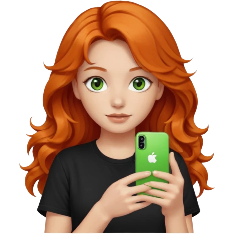 Girl with dark long orange wavy hair, green eyes, and black t-shirt with iphone tiktok on hand emoji
