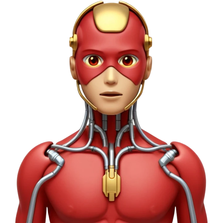 3D render of Neural Link, futuristic cyborg aesthetic, fusion of organic skin and chrome metal, gold brass valves mixed with red muscle tissue, exposed wiring, emoji style, isolated on white background --v 6.0. emoji