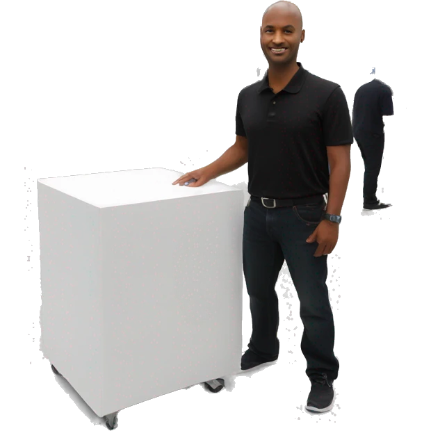 Technician wearing a black polo shirt installing a 43 inch  tv on white exhibition stand emoji