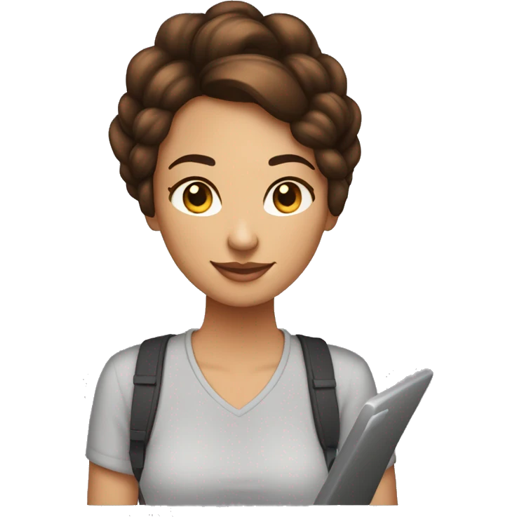 Femme freelance 27 ans avec chignon bouclé brune, sur son ordinateur portable emoji