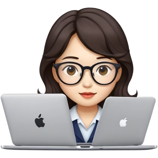 can u make emoji like apple style of chinese girl with korean wavy hair dark brown with glasses that doing a work in her laptop emoji