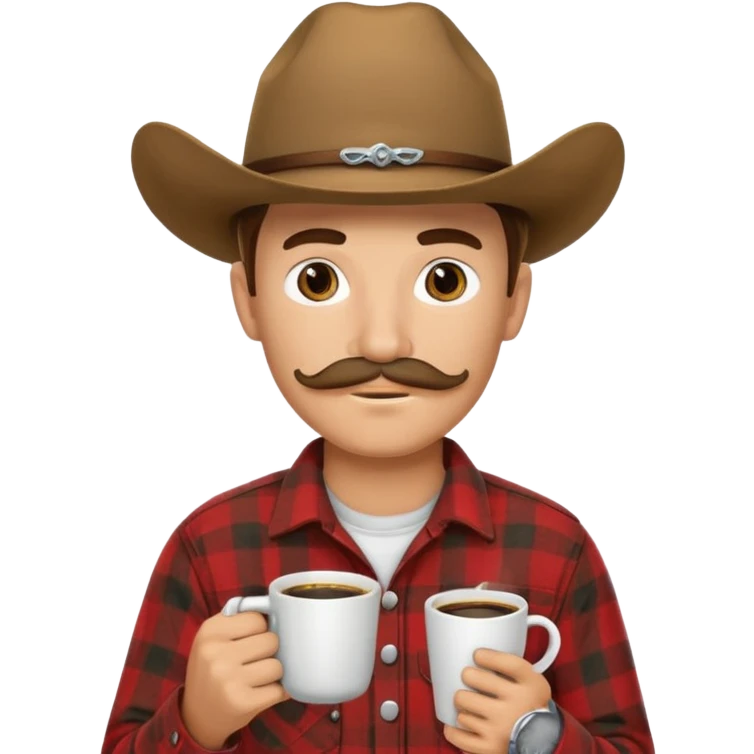 generate an ios genmoji of a 20 year old tan boy with a cowboy hat and horseshoe mustche. Wearing a flannel and carrying a coffee mug emoji