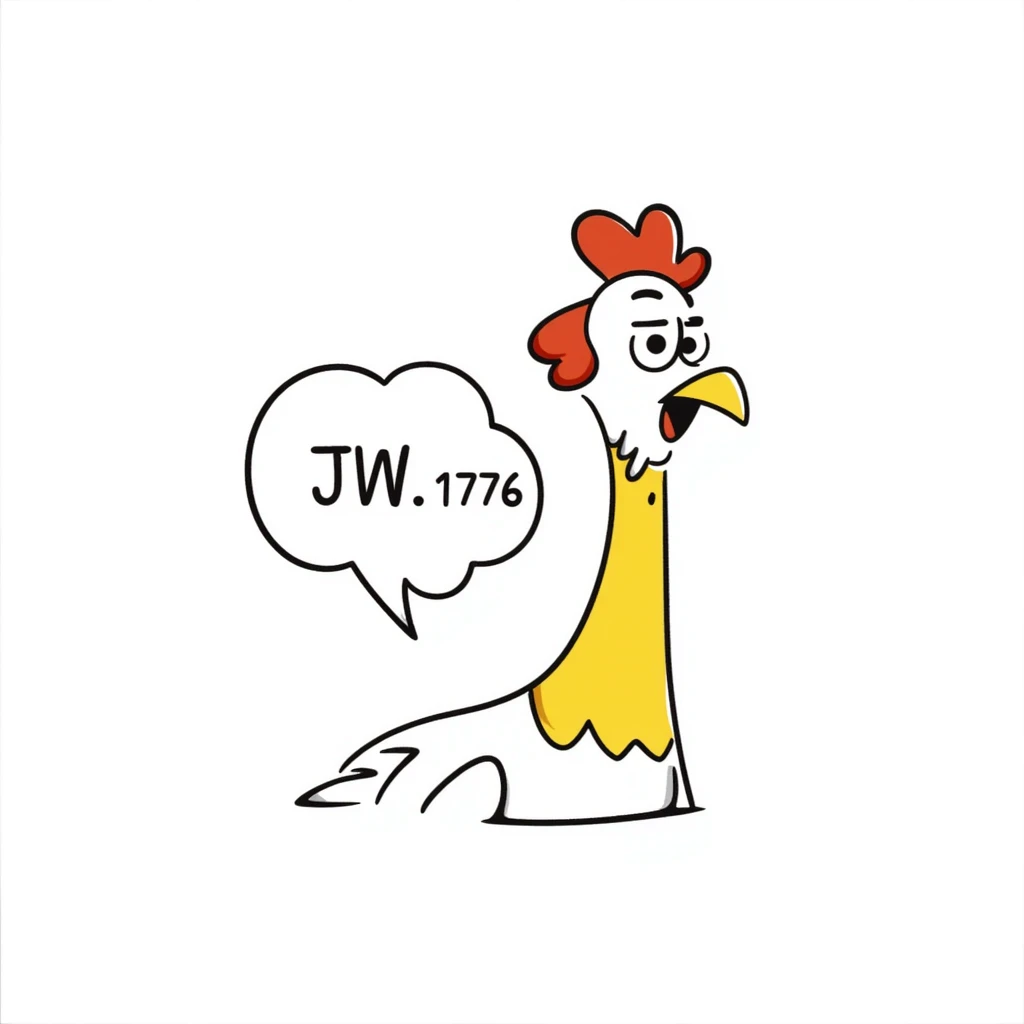 shouting yellow long neck chicken with a funny expression, 'JW 1776' in a speech bubble emoji