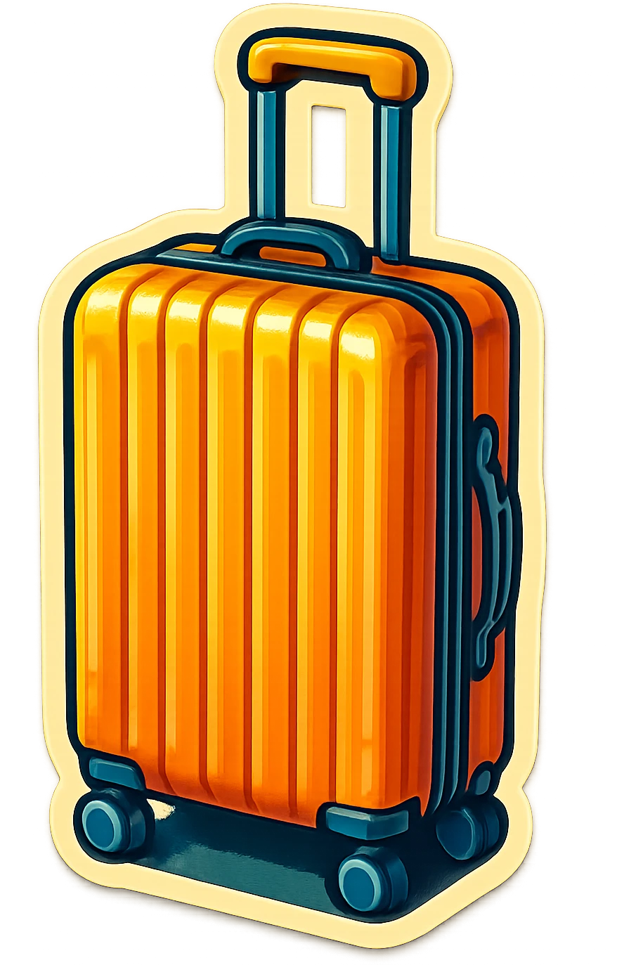 retro sticker-style illustration of a ribbed rolling suitcase with an extended handle, bold outlines, juicy colors, expressive shadows and highlights, playful and glossy look, visible vertical ribs, fun and inviting retro sticker style emoji