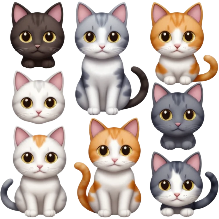 5 different coloured short haired cats including; a dark brown and white cat, and a dark grey and white, and a calico emoji