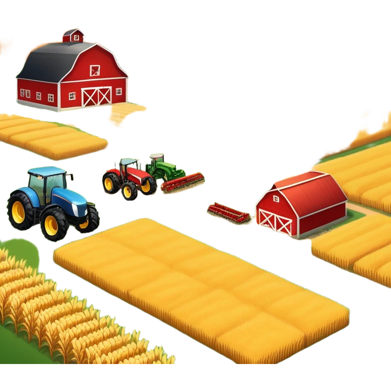 colorful rural landscape, inspired by farming simulators like Farming Simulator 22. The design shows fields, tractors, and barns, with vibrant crops and animals in the background. The peaceful farming scene symbolizes the immersive experience of managing a farm, with a transparent background emoji