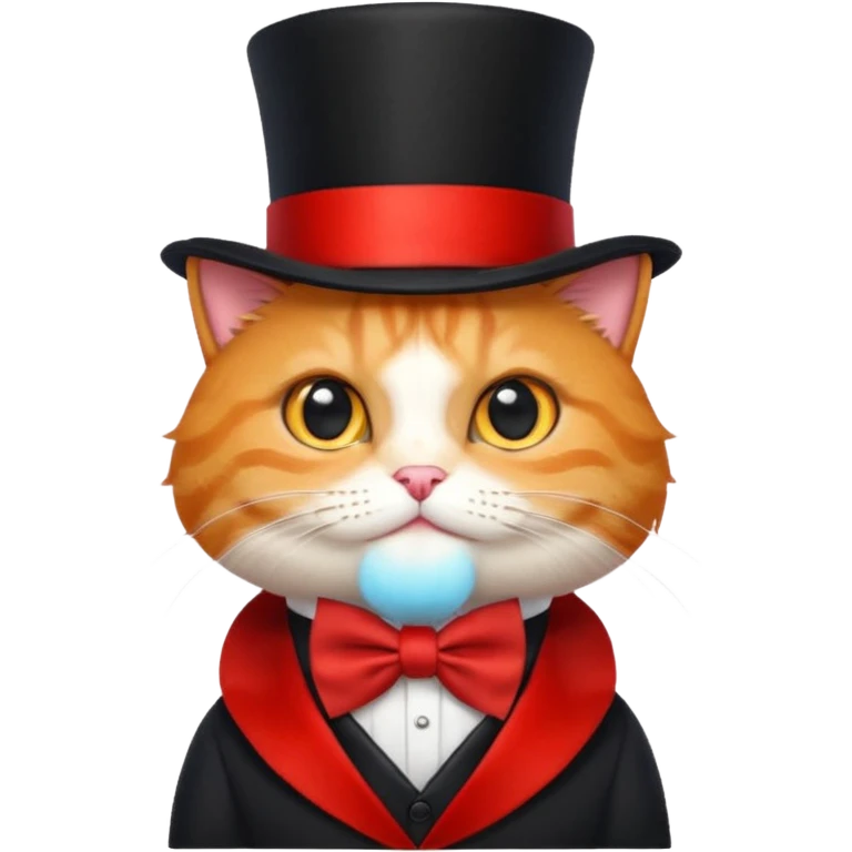 Cute emoji-style orange tabby cat wearing a black top hat with a red band and a red bow tie, big round eyes, fluffy fur, clean mascot style, centered, transparent background, 1:1 ratio. emoji