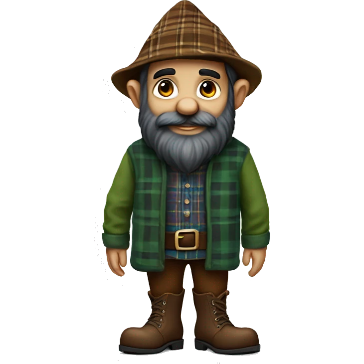 Full-length gnome, almost black beard, brown eyes, young, with a blue woolen hat, brown boots and a green plaid shirt. The body should be cartoonish and not realistic. emoji
