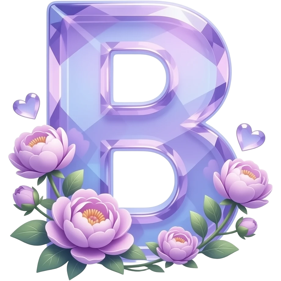 An uppercase letter 'B' sculpted from translucent crystal that glows with a soft violet light. Miniature glowing peonies and tiny heart-shaped leaves grow along its edges. Iridescent texture, fairycore aesthetic, macro photography style emoji