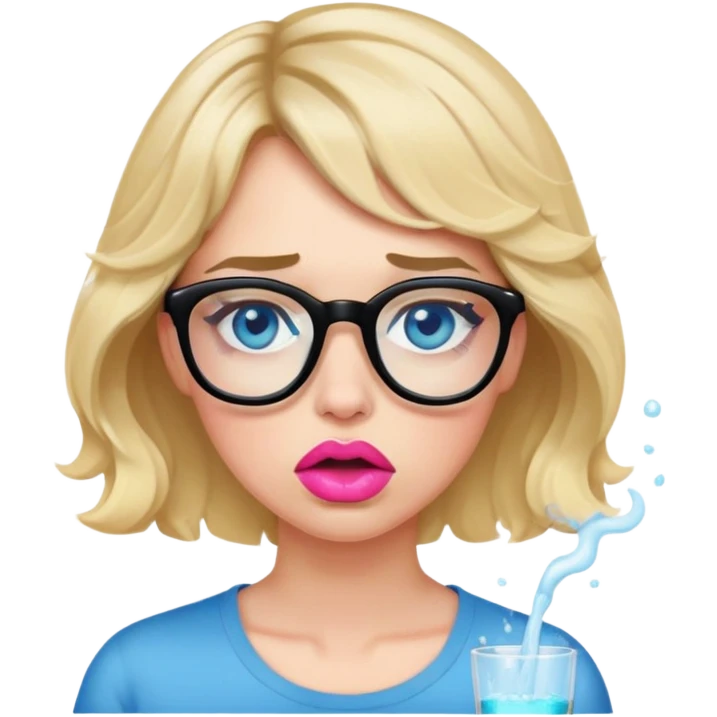 Blonde woman with short wavy hair, blue eyes and pink lips wearing black glasses vomiting  emoji