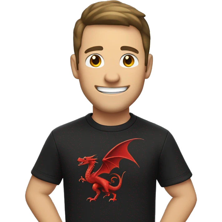 a white man with a smile on his face and with his right arm raised in the air, bent at the elbow, wearing a black sweatshirt with a red dragon, dark hair emoji