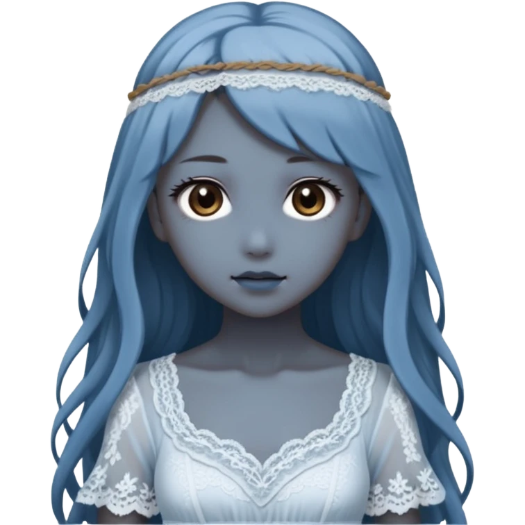 Beautiful shiny pastel transparent translucent Gorgeous spectral dark greyish-blue whitish gloomy spectral Anime Poltergeist Lady with long hair with a beautiful white silky lace dress with a silky lace head band emoji