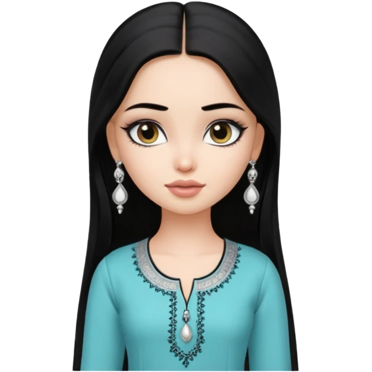 generate a pretty bratz girl wearing a kurti, eyeliner on, long straight hair, silver jhumkas in ear emoji