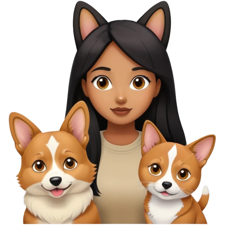 The black long hair girl with a corgi and a Abyssinian cat emoji