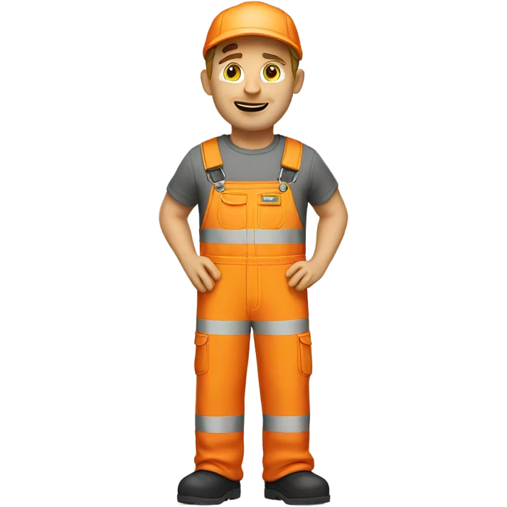 Caucasian male standing wearing orange hi visibility overalls  emoji
