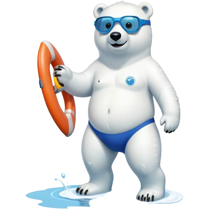 full body friendly anthropomorphised polar bear wearing swim suit with board shorts below the knee and scuba goggles, holding a life buoy, standing in a puddle emoji