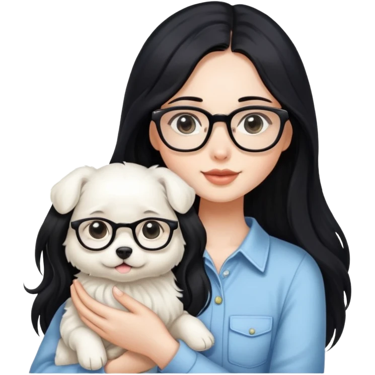 A beautiful girl with long black hair and glasses is holding a long-haired white puppy emoji
