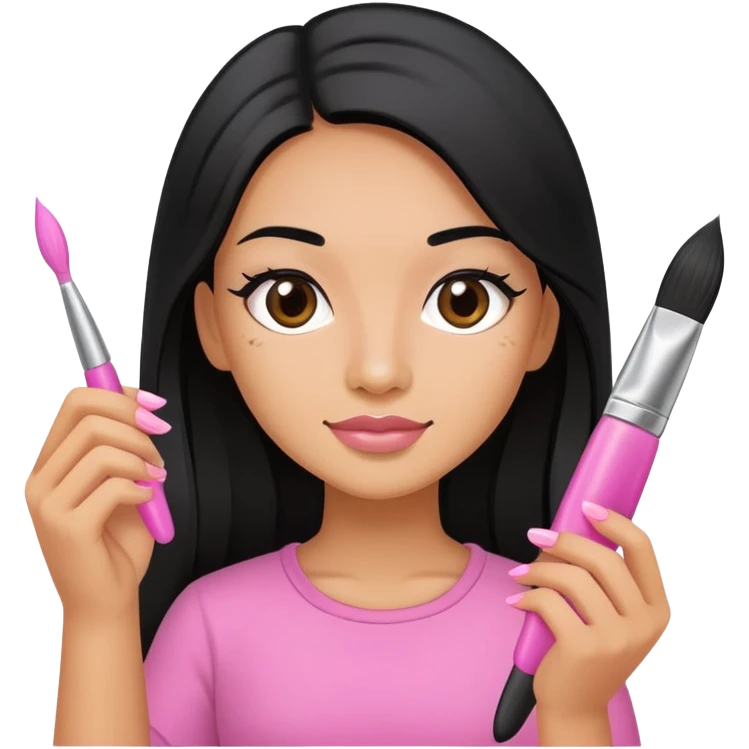 Pink Nail Tech with black long hair holding small acrylic brush emoji