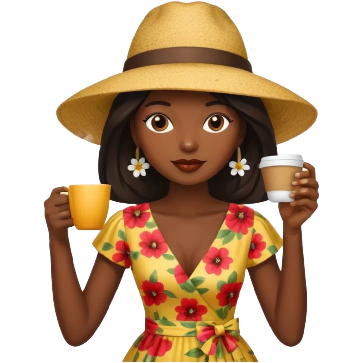 black woman drink coffe with hat dress  emoji