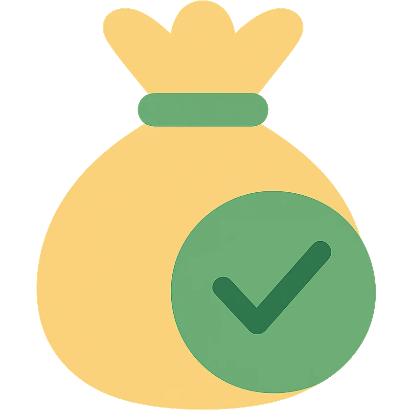 money bag with a large green check mark overlay, simple and bold emoji