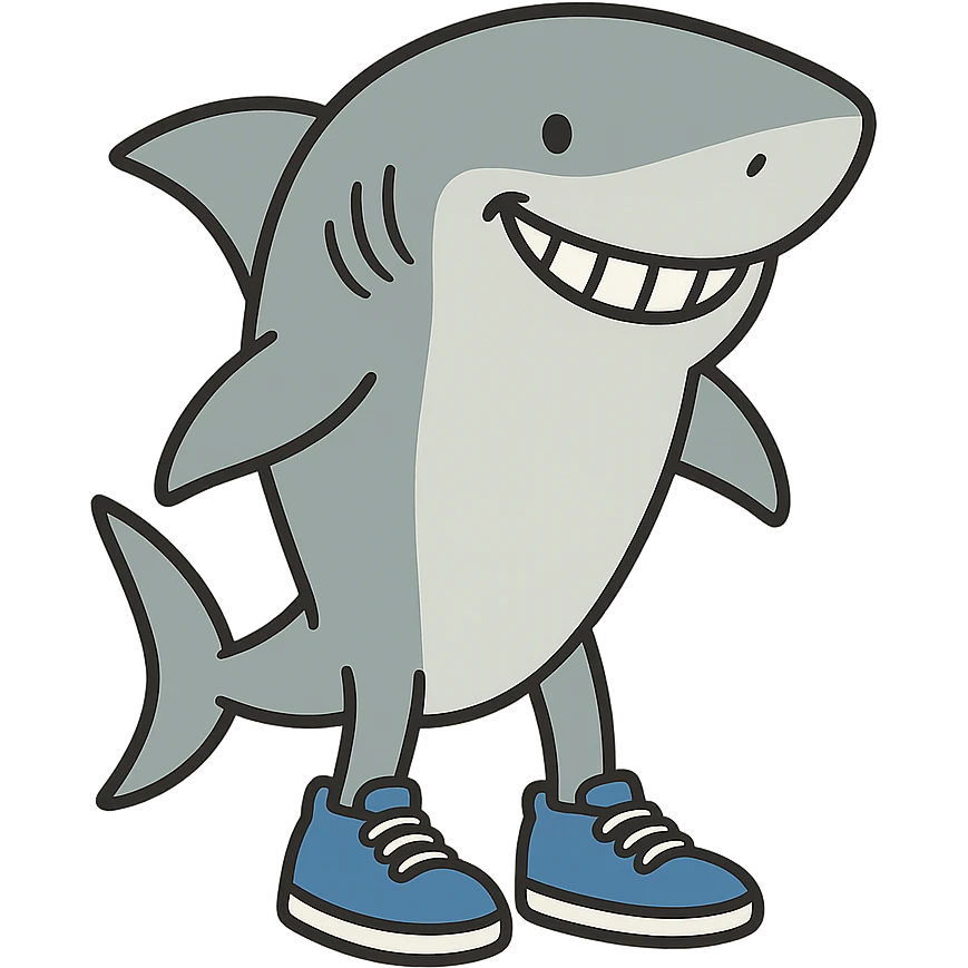 smiling shark with blue sneakers, simple background emoji