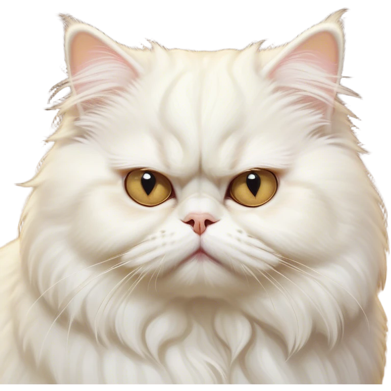 Cinematic Grumpy White Persian Cat Portrait Emoji, Head tilted playfully with a hint of sass, fluffy white fur with subtle hints of cream and golden tones, Simplified yet hilariously chubby features, highly detailed, glowing with a warm but undeniably grumpy glow, high shine, a mix of lazy and uninterested, stylized with a touch of whimsy, bright but with an expression of sheer disdain, soft glowing outline, capturing the essence of a mischievous yet chubby, grumpy kitty, so endearing it feels like it could stretch out of the screen and sarcastically demand attention with its iconic, grumpy charm! emoji