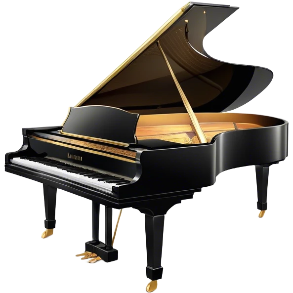 Cinematic Realistic Piano, glossy black grand piano with elegantly curved edges, pristine white and black keys, soft golden light reflecting off its polished surface, faint reflections of a musician’s hands, glowing with refined elegance and musical depth. emoji