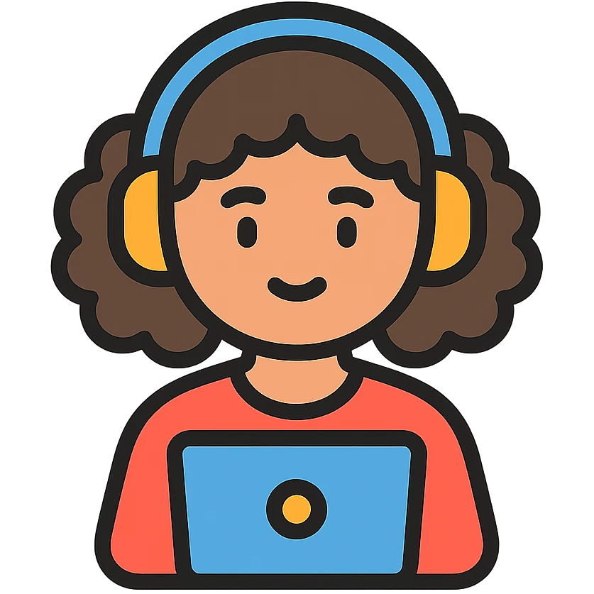 curly hair girl with headphones and a laptop, color outline icon emoji