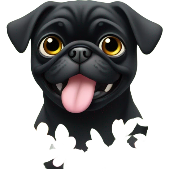 Black pug , surrounded by flowers, holding a green sign that says “good luck”  emoji