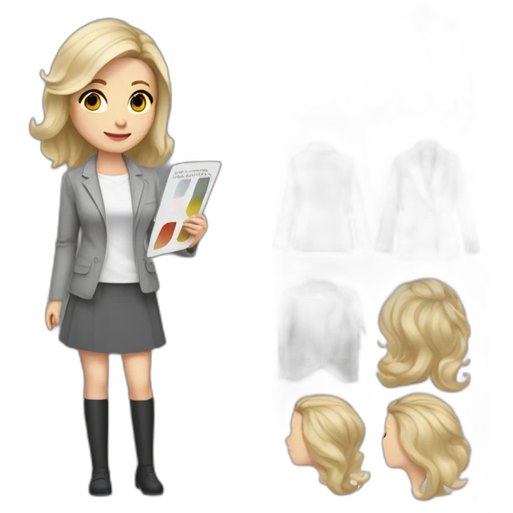 pale skin woman with cold blonde straight middle length hair, White blouse, Gray oversize jacket, Gray skirt holding a color palette in the hands emoji