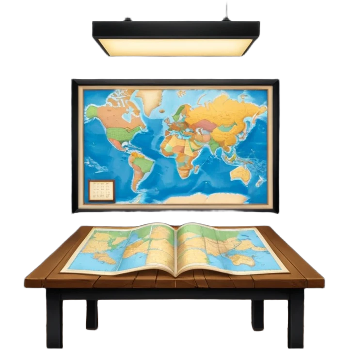 A dark room full of maps with table and over light ￼ emoji