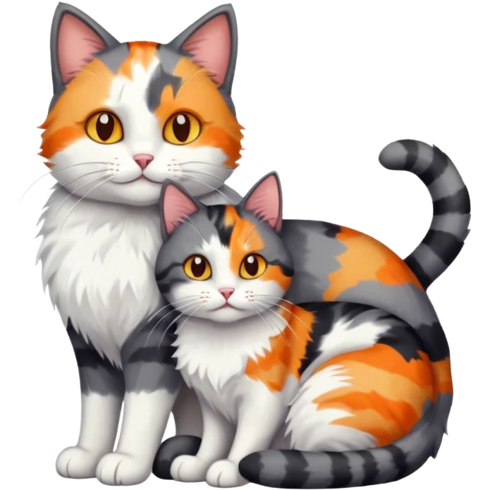 full body dark grey and white cat cuddling a colourful light patched calico + white tabby cat  emoji