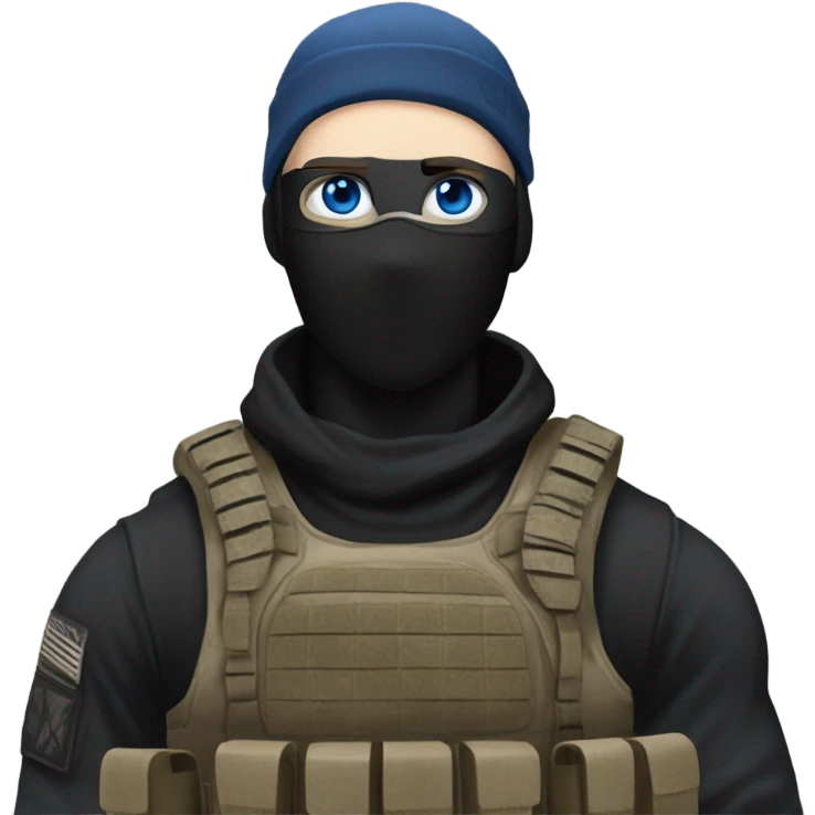 male, pale skin, call of duty black face mask, camo tactical gear, combat boots, black beanie, blue eyes emoji