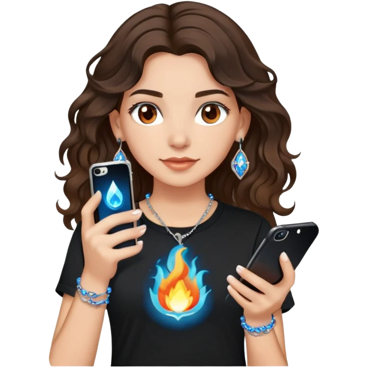 brunette girl with wavy medium length hair, brown eyes, light/medium skin tone, holding iPhone and light phone, wearing black tee shirt with flame pattern on it, small silver hoop earrings with blue gem stars, and colorful beaded charm necklace emoji